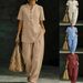 New Women's Clothing Distressed Retro Cotton Linen Two Piece Set Loose Fitting Button V Neck Casual Suit_ecoleips.com