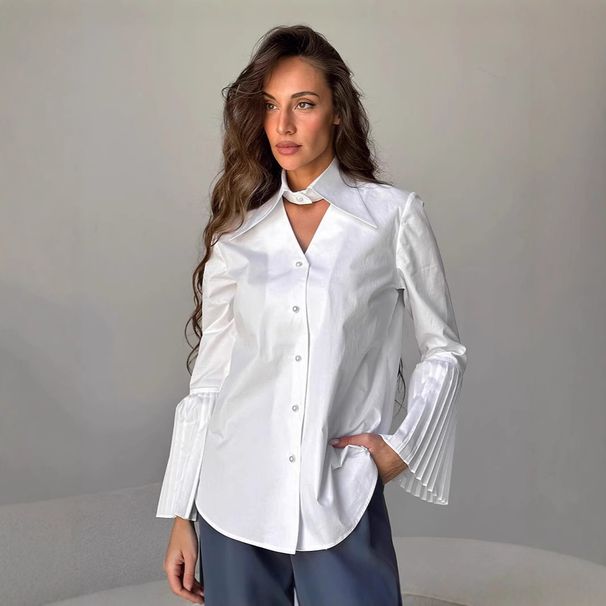 Women's Clothing Pleated Trumpet Sleeve Shirt Temperament Top With Pure Cotton White Shirt_ecoleips.com