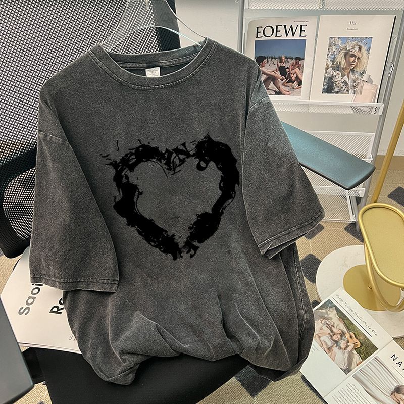 Women's Clothing Washed And Distressed Pure Cotton Short Sleeved T Shirt Loose And Versatile Mid Length Bottoming Shirt Trendy Design Retro Top_ecoleips.com