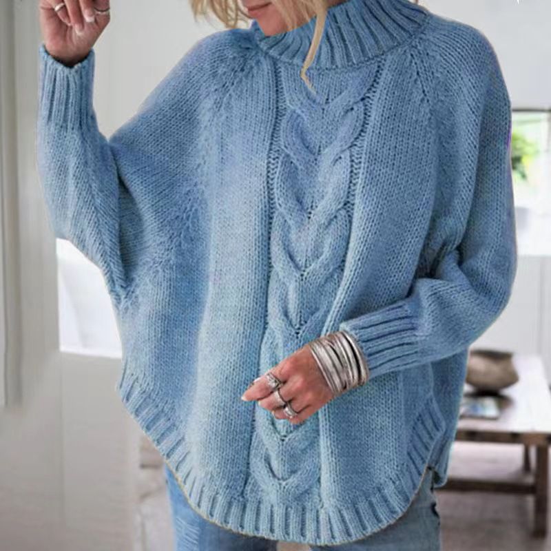 Women's Batwing Sleeve Knitted Sweater - Soft Cotton Blend High Neck Pullover, Loose Fit Casual Elegant Tops For Fall Winter (Multiple Colors & Sizes)_ecoleips.com