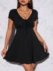 Summer Women's Pure V Neck Dress Alluring French Style Slim Fit Elegant Design Waist Cinching Skirt with Bow_ecoleips.com