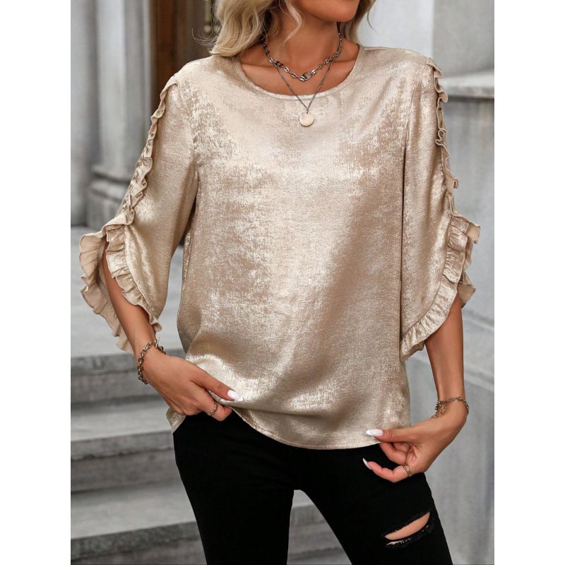 Women's Clothing Summer Loose Casual Round Neck Solid Color Lotus Leaf Sleeve Tops For Women_ecoleips.com