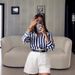 Classic Blue Striped Shirt For Women Long Sleeve Versatile Top For Casual & Office Wear Spring/Autumn Summer Polyester Regular Fit_ecoleips.com