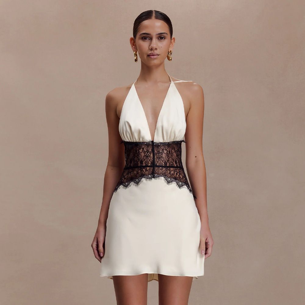 Women's Sexy Lace Panel Halter Deep V Backless Belted Bodycon Mini Dress – Elegant Party Gown_ecoleips.com