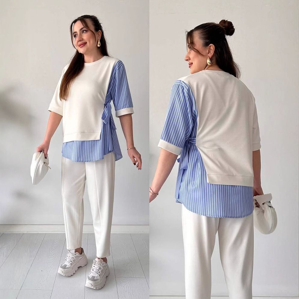 Women's Clothing Autumn New Contrast Striped Strappy Short Sleeved Tops Casual Trousers Suits Women's Clothing_ecoleips.com