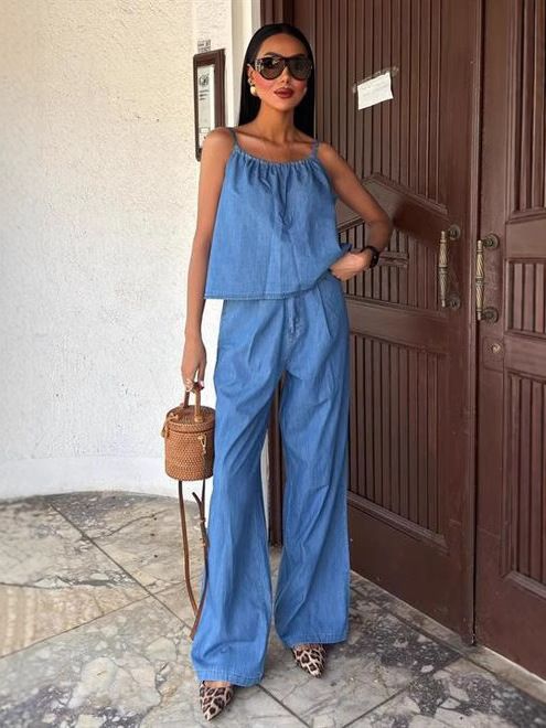 Women's Vintage Denim Tank Top + High Waist Straight Leg Pants Set – Retro Casual Outfit_ecoleips.com
