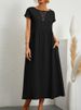 Women's Clothing Style Solid Color Cotton Linen Dress Round Neck Short Sleeved Loose Fit Pockets Ruched Details_ecoleips.com