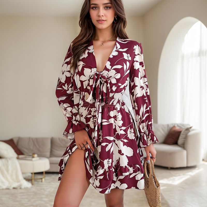 Beach Seaside Vacation Short Dresses Sexy V-neck Lace Up Waist Mushroom Edge A-Line Dress Casual Floral Bell Sleeve A-Line Dress_ecoleips.com