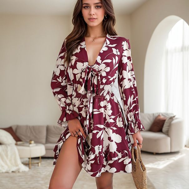 Beach Seaside Vacation Short Dresses Sexy V-neck Lace Up Waist Mushroom Edge A-Line Dress Casual Floral Bell Sleeve A-Line Dress_ecoleips.com