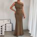 Women's Fishtail Skirt Diagonal Shoulder Collar Waist Pleated Sleeveless Sexy Dress_ecoleips.com