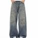 Unisex Distressed Washed Wide-Leg Jeans – Oversized Streetwear Denim Pants With Splatter Paint Effect_ecoleips.com