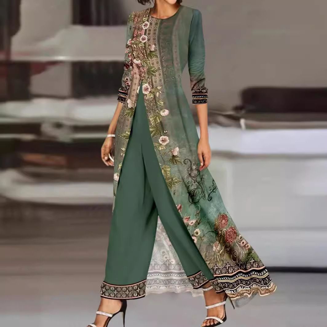 2024 European And American Style Women's Dress Two-Piece Jade Green Long Sleeve Printed Round Neck Jumpsuit Set_ecoleips.com
