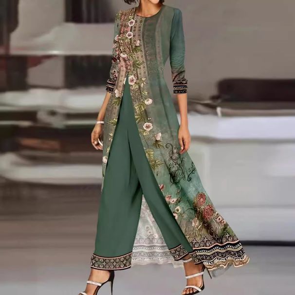 2024 European And American Style Women's Dress Two-Piece Jade Green Long Sleeve Printed Round Neck Jumpsuit Set_ecoleips.com