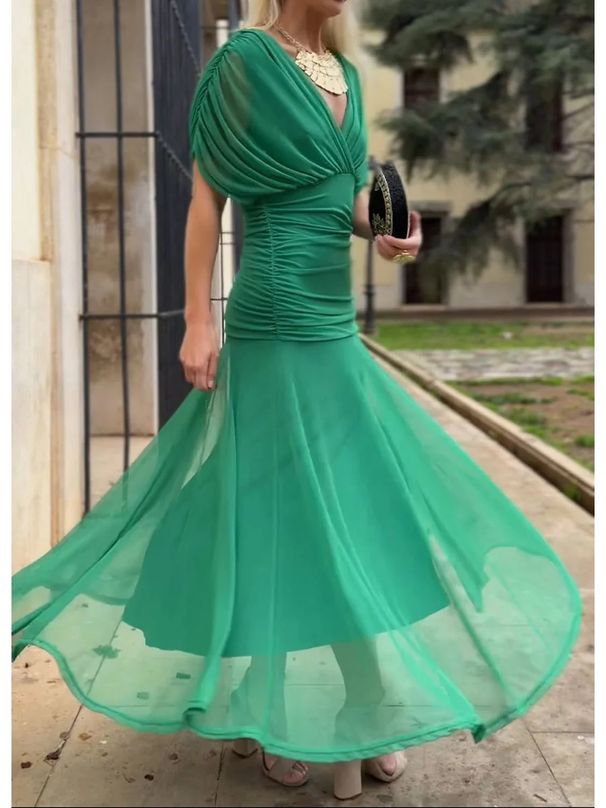 Elegant Off-Shoulder Chiffon Wrap Dress With Abstract Print - Flowy Maxi Dress For Women, Boho Chic & Casual Wear_ecoleips.com