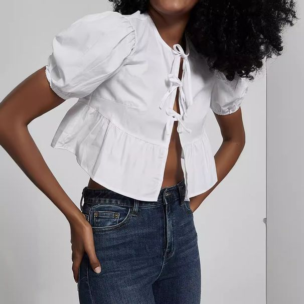 Aria Basics Aria Basics Cross-border Women's Clothing Wholesale: European And American Style Sweet Bow-tie Short Shirt With Round Neck, Solid_ecoleips.com