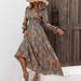 Autumn Women's V-Neck Waist-Cinching Long Printed Dress_ecoleips.com
