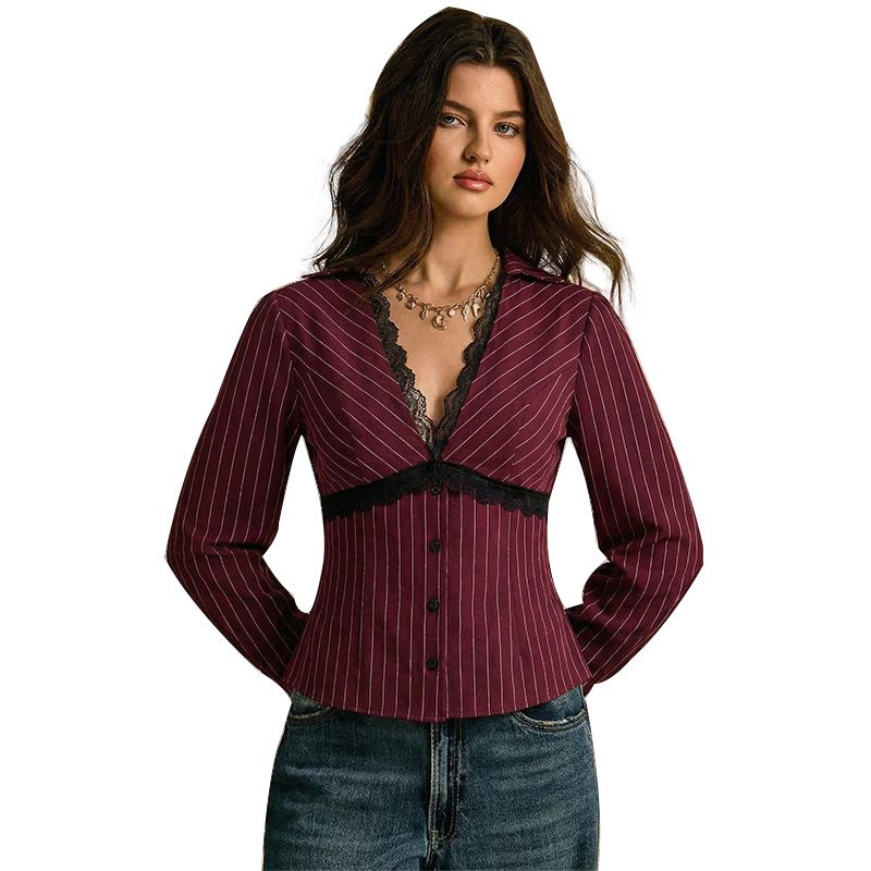 Elegant Women's Floral Lace Long Sleeve Blouse Slim Fit Striped Print V-Neck Office Casual Shirt Top_ecoleips.com