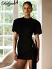 Dulzura O-Neck Short Sleeves Lace Up Bodycon Metal Button Mini Dress Solid Casual Elegant Short Dress Club Streetwear Outfit_ecoleips.com