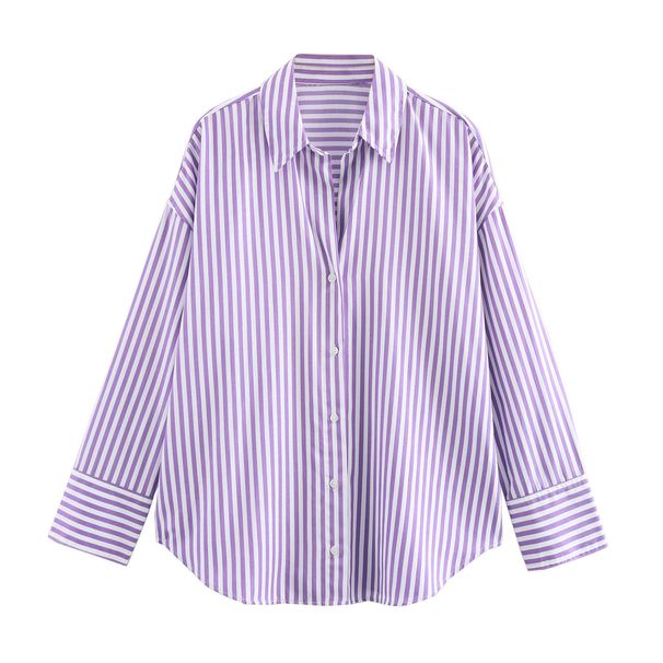 Women's European And American Style Striped Lapel Long Sleeve Loose Shirt Spring Autumn New Fashion Versatile Single Breasted Top_ecoleips.com