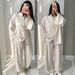 Women's Autumn/Winter Solid Color Shirt And Wide Leg Pants Set Casual Loose Fit European American Style with Buttons_ecoleips.com