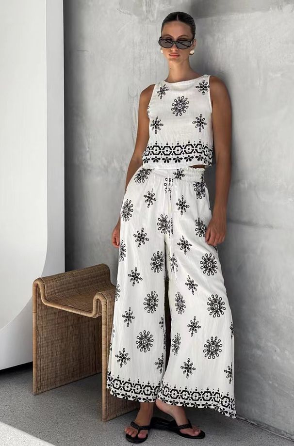 Women's Clothing Fashion Women's Casual Printed Sleeveless Tops Wide Leg Pants Suits For Women_ecoleips.com