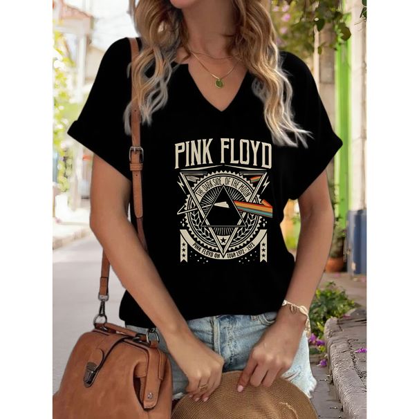 Women's V-Neck "Pink Floyd Dark Side Of The Moon" Graphic Tee, Retro Rock Band Print T-Shirt, Casual Short Sleeve Top_ecoleips.com