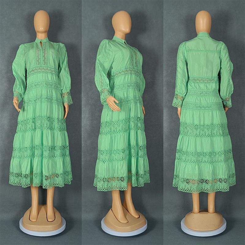 Women's Clothing Fashion Retro Lace Stitching Stand Collar Lantern Sleeve Big Swing Dress_ecoleips.com