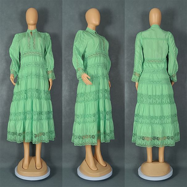Women's Clothing Fashion Retro Lace Stitching Stand Collar Lantern Sleeve Big Swing Dress_ecoleips.com