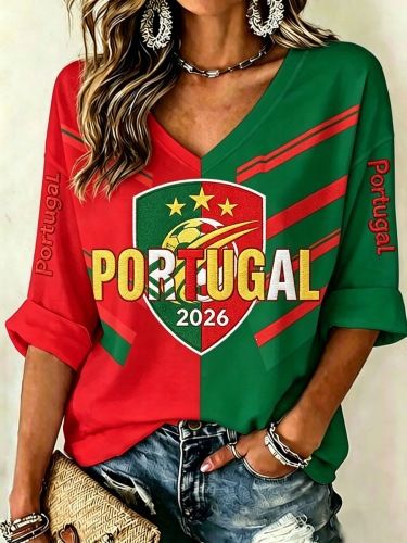 Women's Long Sleeved T-Shirt Loose Fit V-Neck American Flag Digital Print Casual Top for Wholesale_ecoleips.com