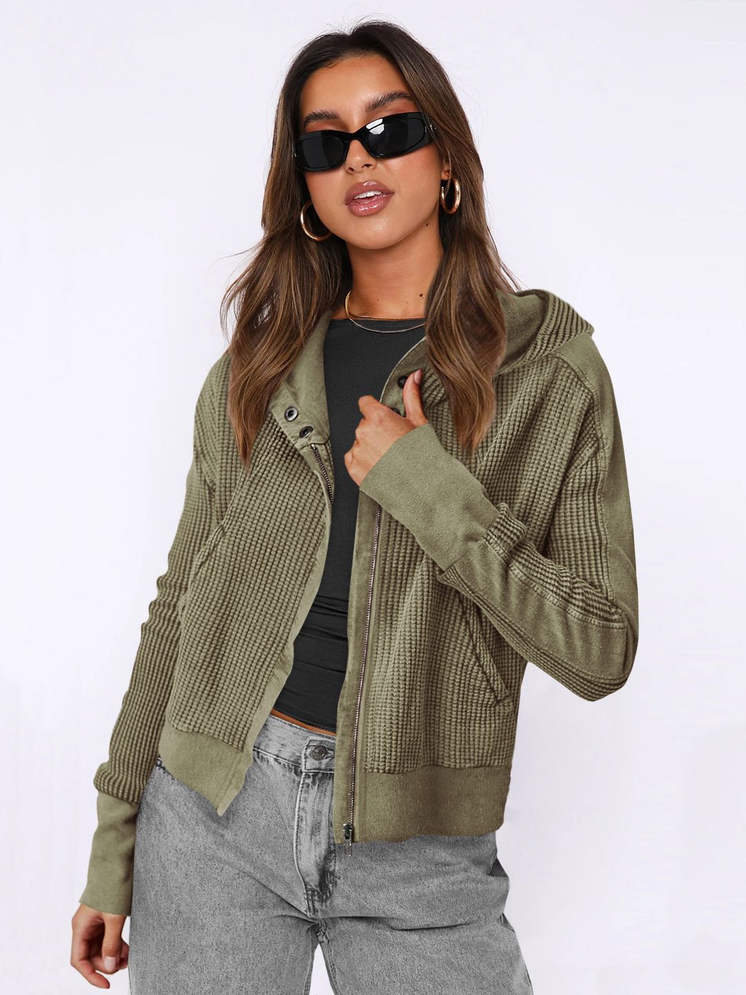 Women's Splicing Hooded Sweatshirt European And American Style Zipper Hood Short Sweater Lazy Fashion_ecoleips.com