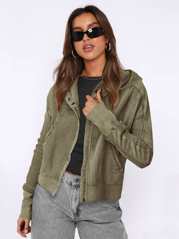 Women's Splicing Hooded Sweatshirt European And American Style Zipper Hood Short Sweater Lazy Fashion_ecoleips.com