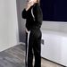 Women's Style Autumn Winter Color Block Fleece Lined Coat High Waist Trousers Two Piece Set Best Selling_ecoleips.com