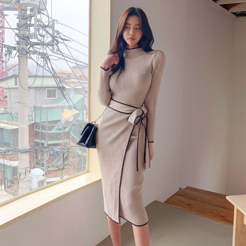 Korean Chic Women's Knitted Dress Autumn Winter Retro High Collar Color Block Mid-Length Slim Fit Strappy Niche Fashion_ecoleips.com