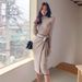 Korean Chic Women's Knitted Dress Autumn Winter Retro High Collar Color Block Mid-Length Slim Fit Strappy Niche Fashion_ecoleips.com