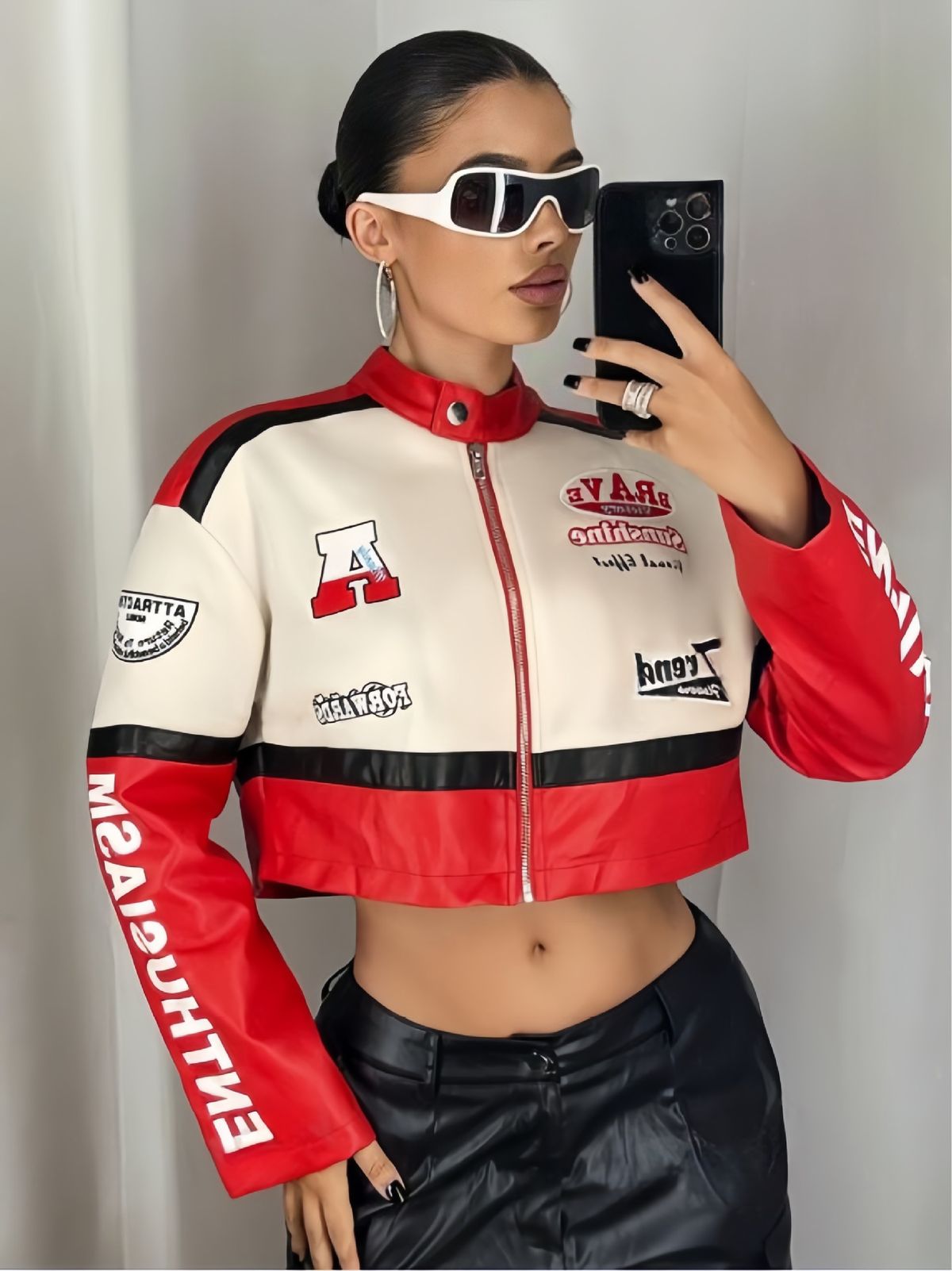 Vintage-Inspired Stand Collar Jacket – Embroidered PU Leather Zip-Up With Color Block Sleeves_ecoleips.com
