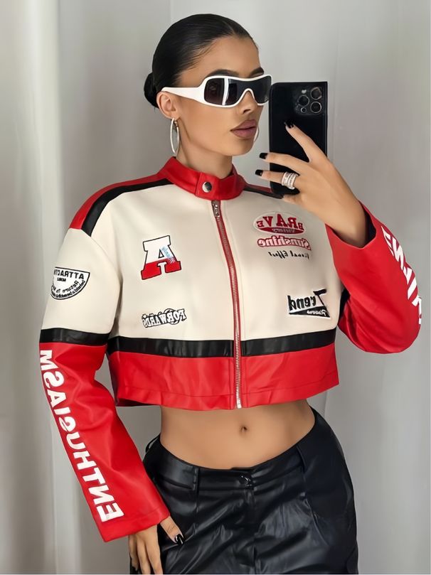 Vintage-Inspired Stand Collar Jacket – Embroidered PU Leather Zip-Up With Color Block Sleeves_ecoleips.com