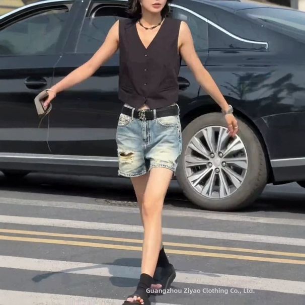 Summer New Style Women's Denim Shorts Retro Washed Ripped Frayed Hem mid Waist Loose Fit Wide Leg Non-Stretch Bottoms_ecoleips.com