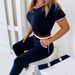 Women's Clothing Casual Contrast Color Round Neck Short Sleeved T Shirt With Slim Elastic Waist Trousers_ecoleips.com