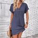 Summer Women's Clothing Fashionable Versatile Buckle V Neck Raglan Shoulder Rolled Sleeve Solid Color Dress 2026 American Style_ecoleips.com
