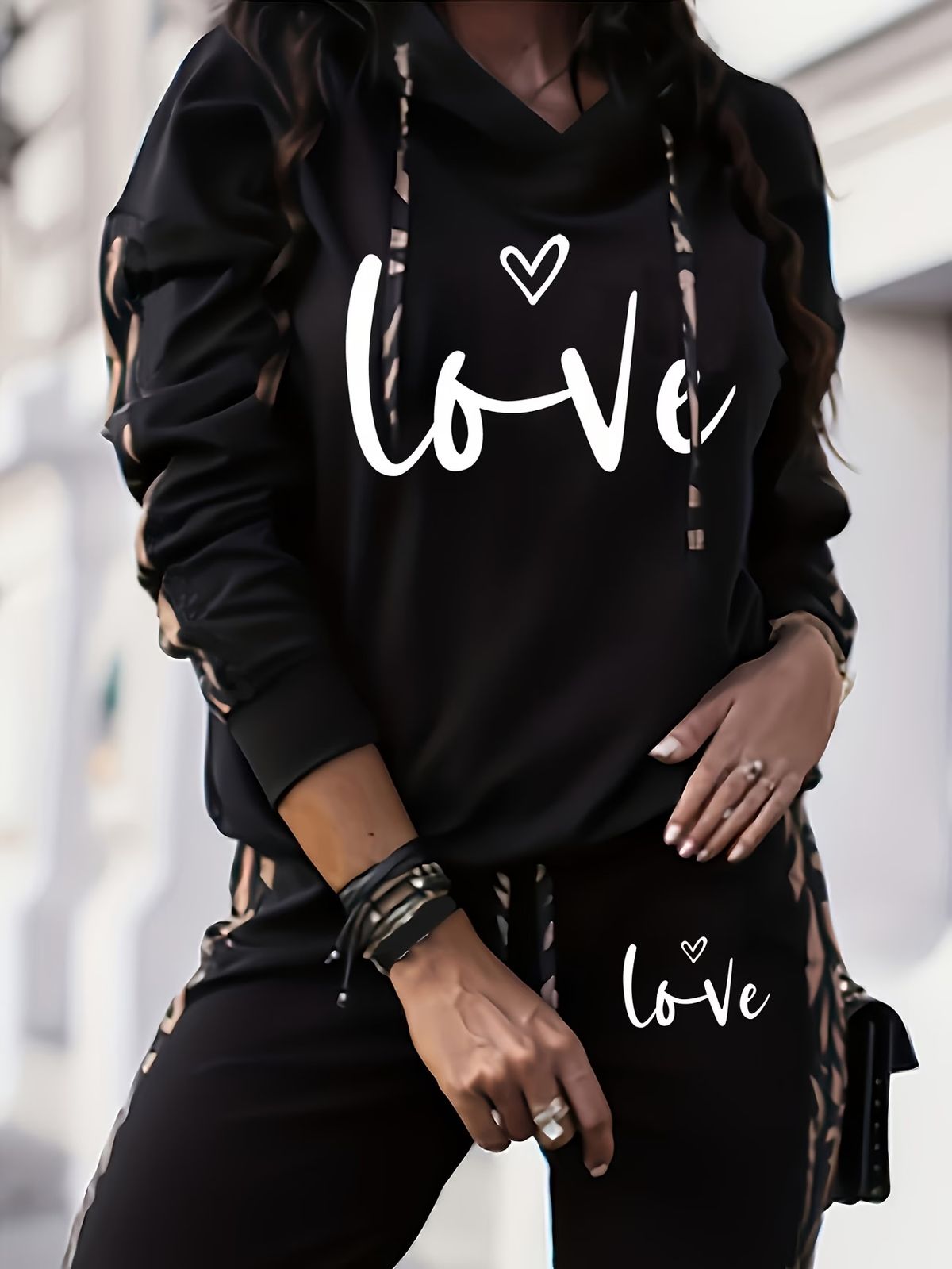 Women's Clothing American Love Print Casual Vacation Two Piece Set Fashion Hooded Long Sleeved Pants Women 0051_ecoleips.com