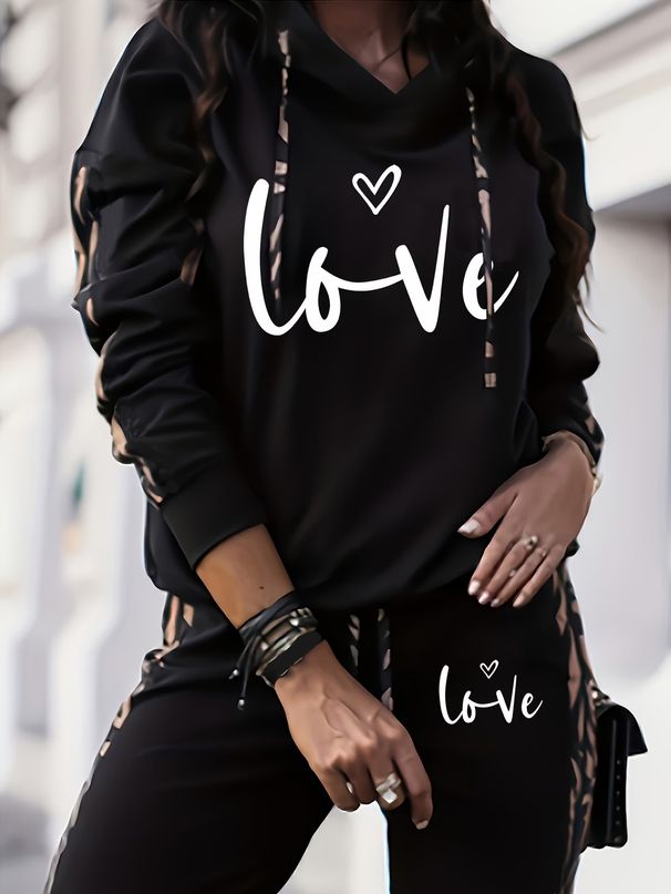 Women's Clothing American Love Print Casual Vacation Two Piece Set Fashion Hooded Long Sleeved Pants Women 0051_ecoleips.com