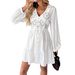 Women's Clothing Casual V Neck Dress Two Tone Embroidered Puff Sleeve Waist Cinching_ecoleips.com