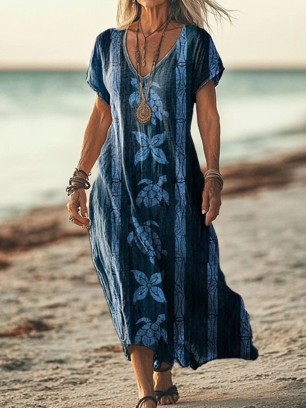 Creative Floral Women's Summer V-Neck Short Sleeve Dress Midi Skirt_ecoleips.com