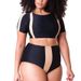 New Women's Split Body Swimsuit, Oversized Fat Po Color Block High Waisted Half Sleeved Swimsuit Bikini_ecoleips.com