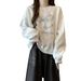 Real Shot Women's Sweatshirt Spring And Autumn New Loose Korean Version Versatile Bow Embroidery Round Neck_ecoleips.com