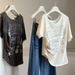 Korean Lace Edge Slanted Shoulder Letter Printing Short-sleeved T-shirt Women's Summer New Irregular Waist And Thin Top Trend_ecoleips.com