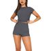 Voya Women's European And American Knitted Short-sleeve Two-piece Set, Slim-fit High-waisted Shorts Street Style Sports Casual Set_ecoleips.com