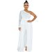 Women's Clothing solid color sexy mesh see-through one-shoulder slope collar long-sleeved long pants jumpsuit for women_ecoleips.com