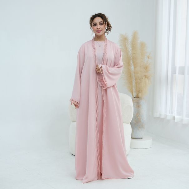 Voya Lightweight Nida Fabric 2-Piece Abaya Set - Flowy Pink Open Robe & Slim Inner Dress - Breathable Modest Wear With Lace Trim For Daily, Prayer & Eid_ecoleips.com