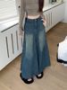 Washed Denim For Women 2025 New Autumn High Waist Slimming A-line Large Hem Patchwork Long Skirt_ecoleips.com